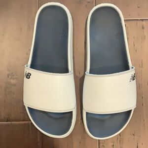 New Balance White and Blue Slide Sandals - Size 10